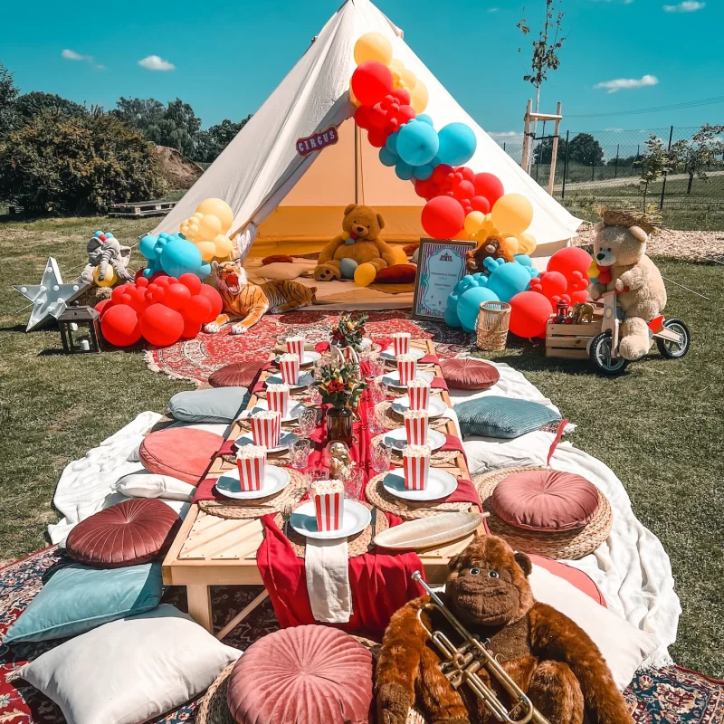Circus party, oslava narozenin, balónkové dekorace, stan, stylový piknik
